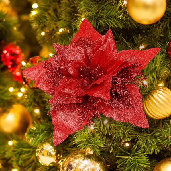 Toyvian Christmas Poinsettia Flower Decoration 12pcs Fake Flowers for Christmas Tree Glitter Flower Xmas Party Tree Wreath Ornaments Christmas Wreath Artificial Flowers DecorationsRed