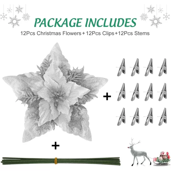 Toyvian Christmas Poinsettia Flower Decoration 12pcs Fake Flowers for Christmas Tree Glitter Flower Xmas Party Tree Wreath Ornaments Christmas Wreath Artificial Flowers DecorationsSilver