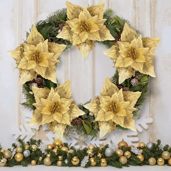 Toyvian Christmas Poinsettia Flower Decoration 12pcs Fake Flowers for Christmas Tree Glitter Flower Xmas Party Tree Wreath Ornaments Christmas Wreath Artificial Flowers DecorationsGolden