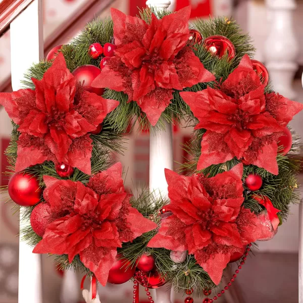 Toyvian Christmas Poinsettia Flower Decoration 12pcs Fake Flowers for Christmas Tree Glitter Flower Xmas Party Tree Wreath Ornaments Christmas Wreath Artificial Flowers DecorationsRed