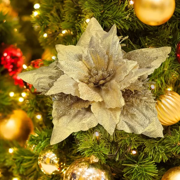 Toyvian Christmas Poinsettia Flower Decoration 12pcs Fake Flowers for Christmas Tree Glitter Flower Xmas Party Tree Wreath Ornaments Christmas Wreath Artificial Flowers DecorationsGolden