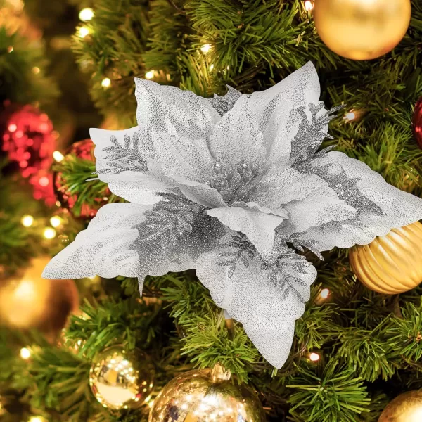 Toyvian Christmas Poinsettia Flower Decoration 12pcs Fake Flowers for Christmas Tree Glitter Flower Xmas Party Tree Wreath Ornaments Christmas Wreath Artificial Flowers DecorationsSilver