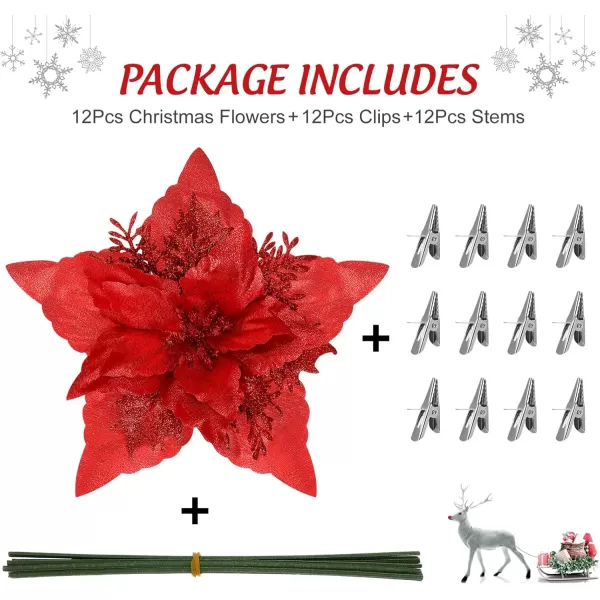 Toyvian Christmas Poinsettia Flower Decoration 12pcs Fake Flowers for Christmas Tree Glitter Flower Xmas Party Tree Wreath Ornaments Christmas Wreath Artificial Flowers DecorationsRed