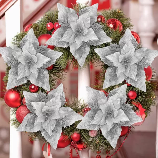 Toyvian Christmas Poinsettia Flower Decoration 12pcs Fake Flowers for Christmas Tree Glitter Flower Xmas Party Tree Wreath Ornaments Christmas Wreath Artificial Flowers DecorationsSilver