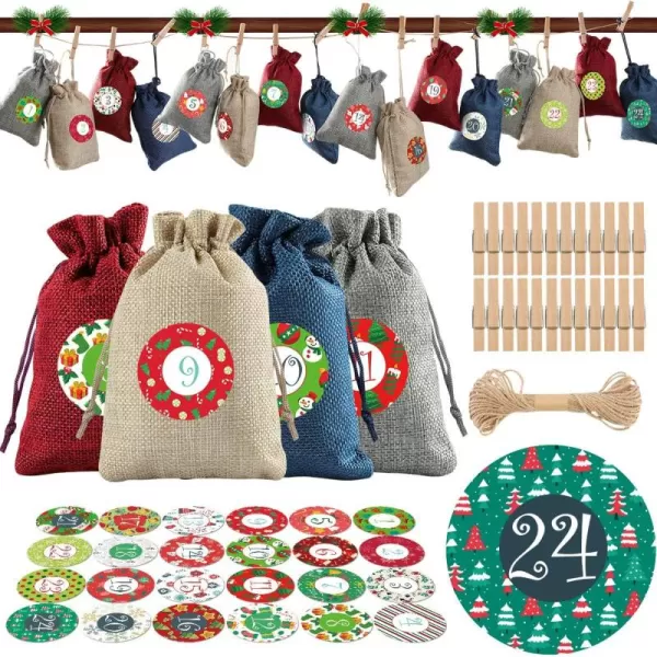 Christmas Advent Calendar Bags 202024 Days Burlap Bags with Drawstring Pouches Candy Sacks DIY Decorations for Xmas Countdown