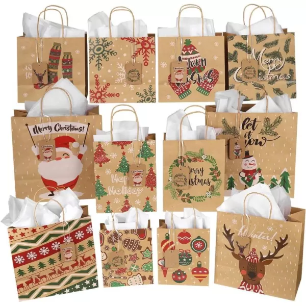 Christmas Kraft Bags with Assorted Christmas Prints for Kraft Bags Christmas Goody Bags Xmas Bags for Christmas Party Favors12Designs3 Sizes