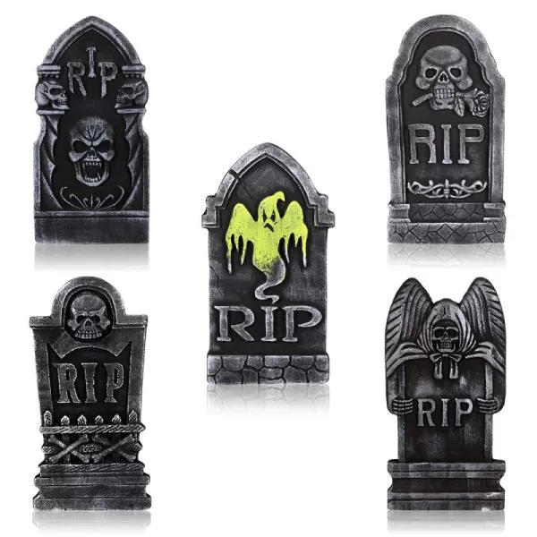 Toyvian 157 inch Halloween Tombstone Halloween Cemetary Headstones 5 Pack Foam RIP Headstone Creepy Halloween Yard Signs with Metal Stakesfor Halloween Decorations Scary Graves Party Supplies