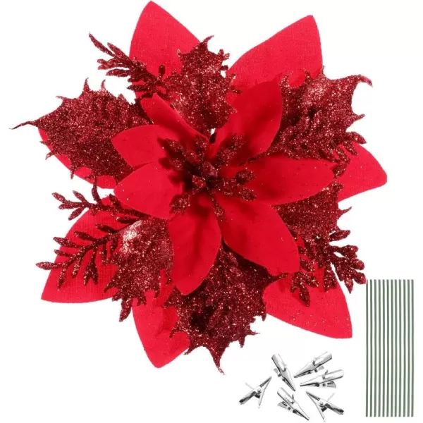 Toyvian Christmas Glitter Artificial Poinsettia Flowers 12pcs Christmas Tree Flowers Ornaments Xmas Party Decoration with 12pcs Stems and Clips GoldRed