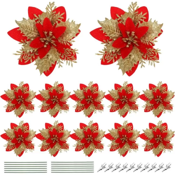 Toyvian Christmas Glitter Poinsettia Xmas Artificial Flowers Decorations with Clips and Stems Glitter Christmas Tree Fake Flowers for Christmas Wreath Door Garland Xmas Tree Wedding New YearRed