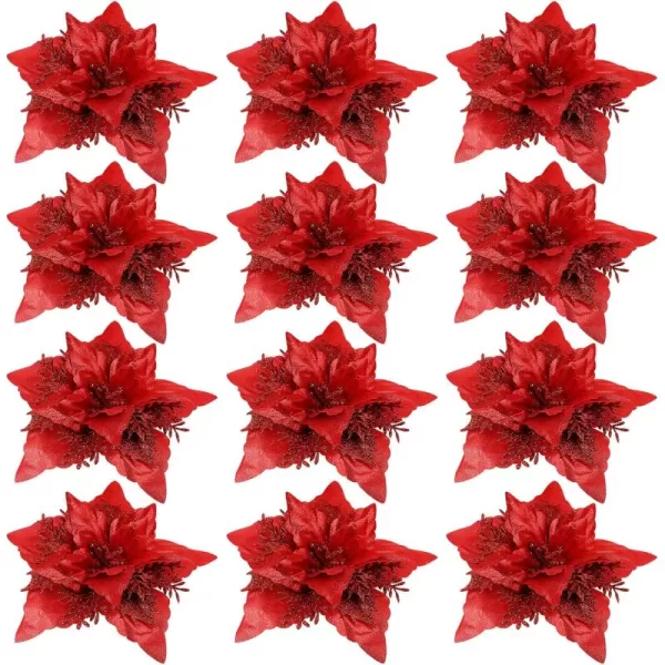 Toyvian Christmas Poinsettia Flower Decoration 12pcs Fake Flowers for Christmas Tree Glitter Flower Xmas Party Tree Wreath Ornaments Christmas Wreath Artificial Flowers DecorationsRed