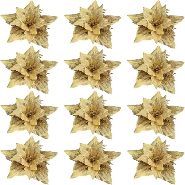 Toyvian Christmas Poinsettia Flower Decoration 12pcs Fake Flowers for Christmas Tree Glitter Flower Xmas Party Tree Wreath Ornaments Christmas Wreath Artificial Flowers DecorationsGolden