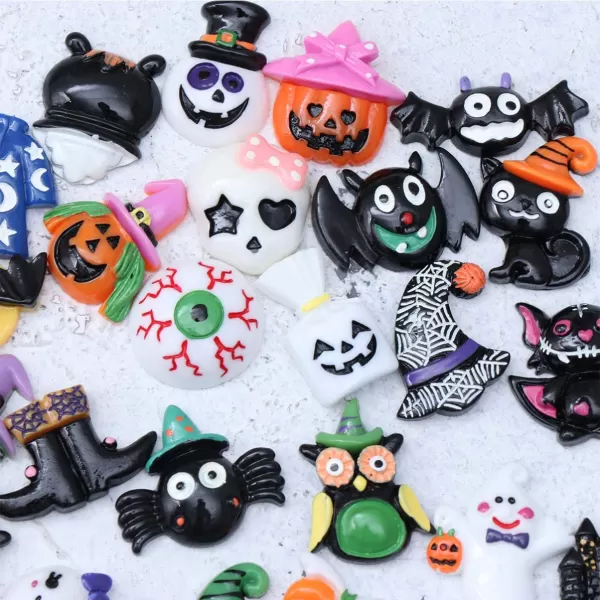 Halloween Resin Embellishments Halloween Resin Charms Ornaments Nail Decor Bat Pumpkin Witch Ghost Halloween Flat Back for Making Phone Case DIY Headband Craft Making 24PCS