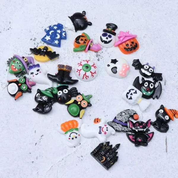 Halloween Resin Embellishments Halloween Resin Charms Ornaments Nail Decor Bat Pumpkin Witch Ghost Halloween Flat Back for Making Phone Case DIY Headband Craft Making 24PCS