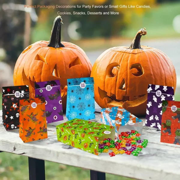 Halloween Treat Bags Halloween Goodie Bags Candy Bag Paper Bags with Trick or Treat Stickers Bags 72Pack 8 Assorted Designs Holiday Goodie Bags 98x5x3inch