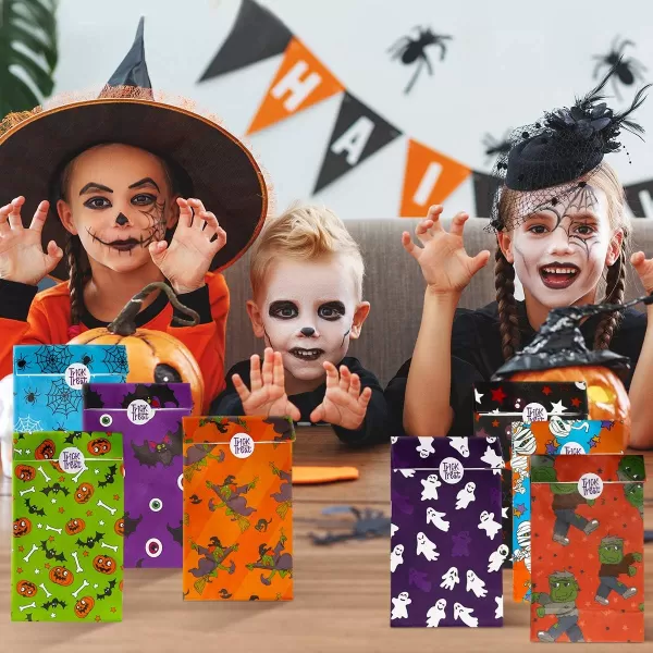 Halloween Treat Bags Halloween Goodie Bags Candy Bag Paper Bags with Trick or Treat Stickers Bags 72Pack 8 Assorted Designs Holiday Goodie Bags 98x5x3inch