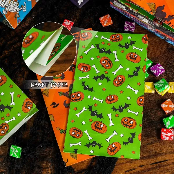 Halloween Treat Bags Halloween Goodie Bags Candy Bag Paper Bags with Trick or Treat Stickers Bags 72Pack 8 Assorted Designs Holiday Goodie Bags 98x5x3inch