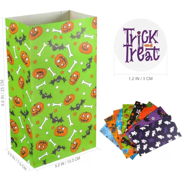 Halloween Treat Bags Halloween Goodie Bags Candy Bag Paper Bags with Trick or Treat Stickers Bags 72Pack 8 Assorted Designs Holiday Goodie Bags 98x5x3inch