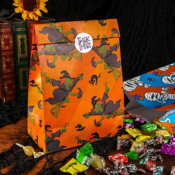 Halloween Treat Bags Halloween Goodie Bags Candy Bag Paper Bags with Trick or Treat Stickers Bags 72Pack 8 Assorted Designs Holiday Goodie Bags 98x5x3inch