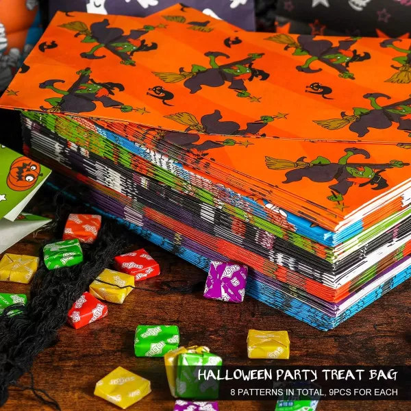 Halloween Treat Bags Halloween Goodie Bags Candy Bag Paper Bags with Trick or Treat Stickers Bags 72Pack 8 Assorted Designs Holiday Goodie Bags 98x5x3inch