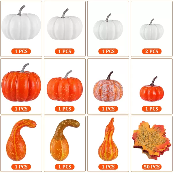 Toyvian Artificial Pumpkins for Decoration 12PCS Mini Fake Pumpkins with 50PCS Lifelike Maple Leaves Artificial Vegetables for Halloween Thanksgiving Decorations