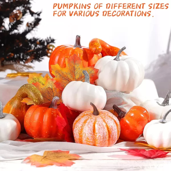 Toyvian Artificial Pumpkins for Decoration 12PCS Mini Fake Pumpkins with 50PCS Lifelike Maple Leaves Artificial Vegetables for Halloween Thanksgiving Decorations