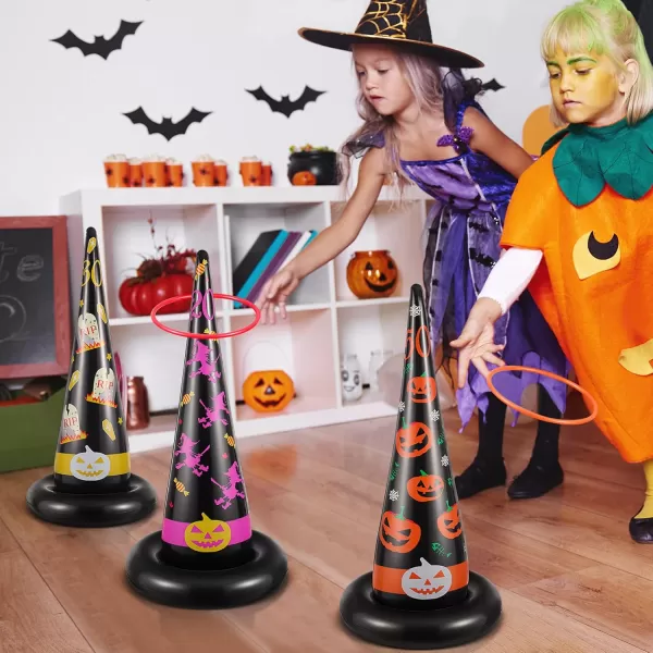 Toyvian Ring Toss Game for Kids Halloween Games Inflatable Halloween Witch Hat Ring Toss Game Set  5Pcs Witch Hat ampamp 10Pcs Rings ampamp A Pump Halloween Pinata for Kids Toddlers Adults