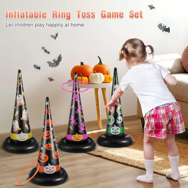 Toyvian Ring Toss Game for Kids Halloween Games Inflatable Halloween Witch Hat Ring Toss Game Set  5Pcs Witch Hat ampamp 10Pcs Rings ampamp A Pump Halloween Pinata for Kids Toddlers Adults