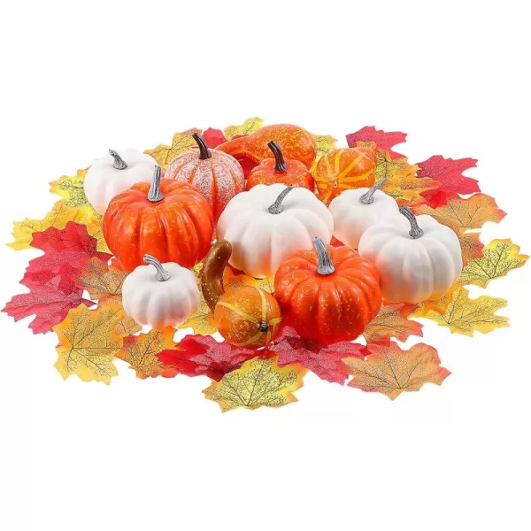 Toyvian Artificial Pumpkins for Decoration 12PCS Mini Fake Pumpkins with 50PCS Lifelike Maple Leaves Artificial Vegetables for Halloween Thanksgiving Decorations