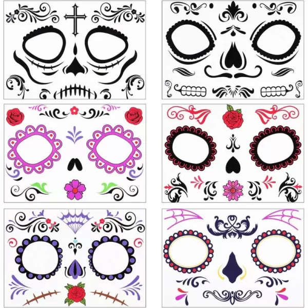 Toyvian Halloween Face Tattoos Sugar Skull Stickers Day of The Dead Makeup for Halloween Mexican Fiesta Theme Masquerade6Pack