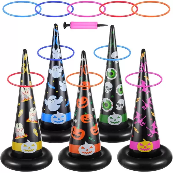 Toyvian Ring Toss Game for Kids Halloween Games Inflatable Halloween Witch Hat Ring Toss Game Set  5Pcs Witch Hat ampamp 10Pcs Rings ampamp A Pump Halloween Pinata for Kids Toddlers Adults