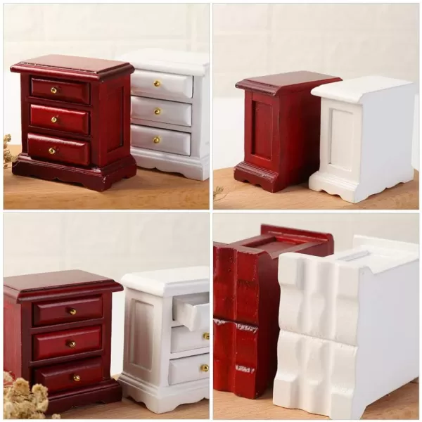 imageToyvian Mini Wooden Bedside Table 1 12 Dollhouse Red Bedside Table with Drawers Dollhouse Miniature Drawer Cabinet 112 Dollhouse Bedroom Furniture Tiny Wooden Drawer Cabinet