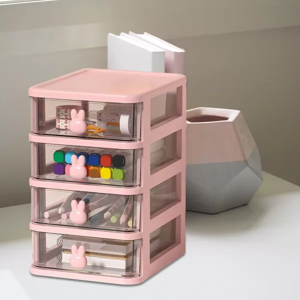 image4 Drawer Storage Organizer Transparent Table Organizer Clear Makeup Organizer Multi Function Storage Box Bathroom Cosmetic Box Office File BoxPinkPink