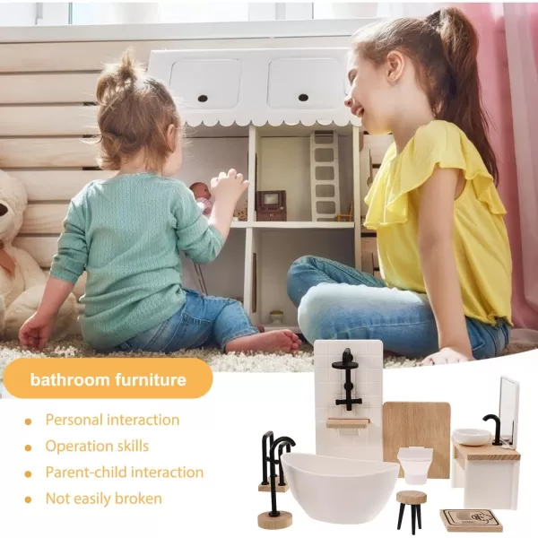 imageToyvian 8pcs Dollhouse Bathroom Set 1 12 Scale Dollhouse Toilet Bathtub Basin Wooden Bathroom Cabinet with Sink Miniature Furniture for Doll Bathroom Accessories