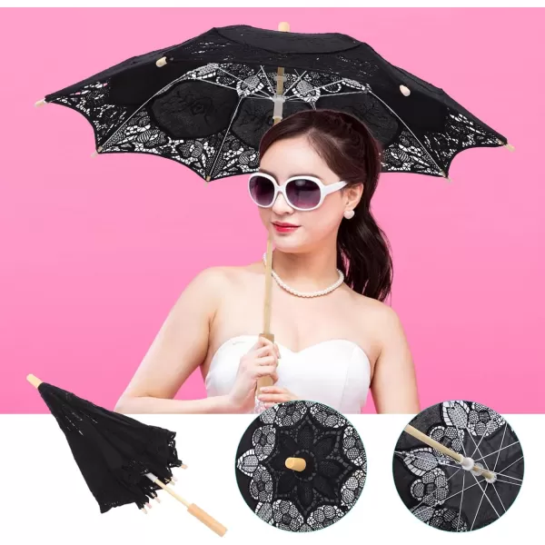 imageToyvian Bridal Wedding Lace Parasol 2535 Inches White Lace Umbrella Women Vintage Umbrellas Handmade Boho Parasol withBlack