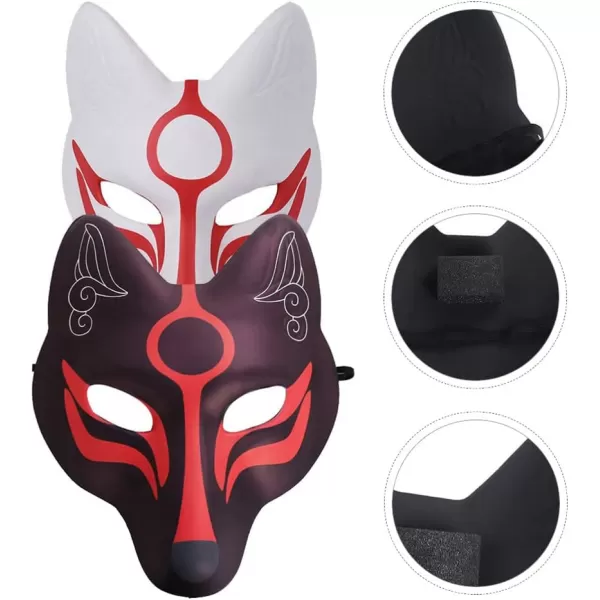 imageToyvian Kitsune Fox Mask 2pcs Cat Mask Fox Face Cover Japanese Kabuki Mask Cosplay Full Face Mask Stage Performance Props Costume Masks Cosplay Party Accessories Decor 26X23CM White