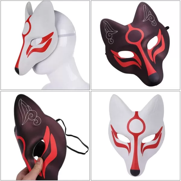imageToyvian Kitsune Fox Mask 2pcs Cat Mask Fox Face Cover Japanese Kabuki Mask Cosplay Full Face Mask Stage Performance Props Costume Masks Cosplay Party Accessories Decor 26X23CM White