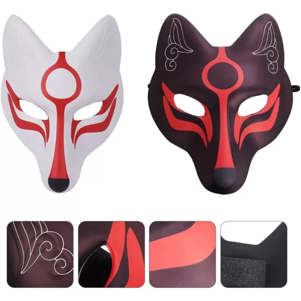 imageToyvian Kitsune Fox Mask 2pcs Cat Mask Fox Face Cover Japanese Kabuki Mask Cosplay Full Face Mask Stage Performance Props Costume Masks Cosplay Party Accessories Decor 26X23CM White