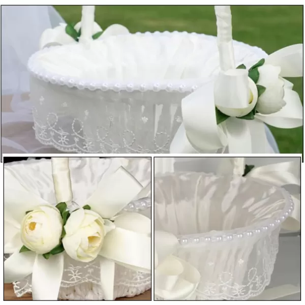 imageToyvian Wedding Ribbon Basket Flower Girl Basket Pearl Lace Flower Basket Romantic Large Wedding Basket with Satin Flowers and Bow for Flower Girls Wedding CeremonyWhite