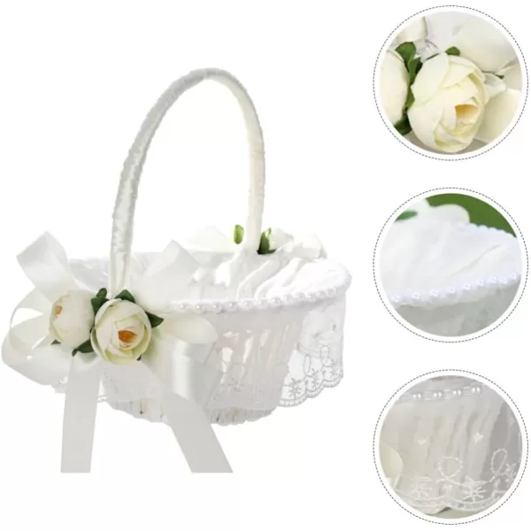 imageToyvian Wedding Ribbon Basket Flower Girl Basket Pearl Lace Flower Basket Romantic Large Wedding Basket with Satin Flowers and Bow for Flower Girls Wedding CeremonyWhite