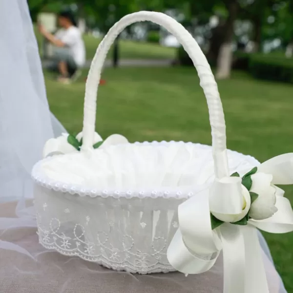 imageToyvian Wedding Ribbon Basket Flower Girl Basket Pearl Lace Flower Basket Romantic Large Wedding Basket with Satin Flowers and Bow for Flower Girls Wedding CeremonyWhite