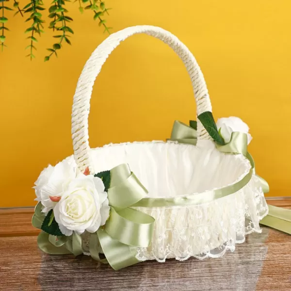 imageToyvian Wedding Ribbon Basket Flower Girl Basket Pearl Lace Flower Basket Romantic Large Wedding Basket with Satin Flowers and Bow for Flower Girls Wedding CeremonyLight Green