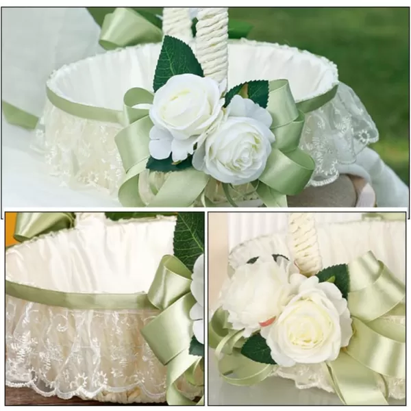 imageToyvian Wedding Ribbon Basket Flower Girl Basket Pearl Lace Flower Basket Romantic Large Wedding Basket with Satin Flowers and Bow for Flower Girls Wedding CeremonyLight Green