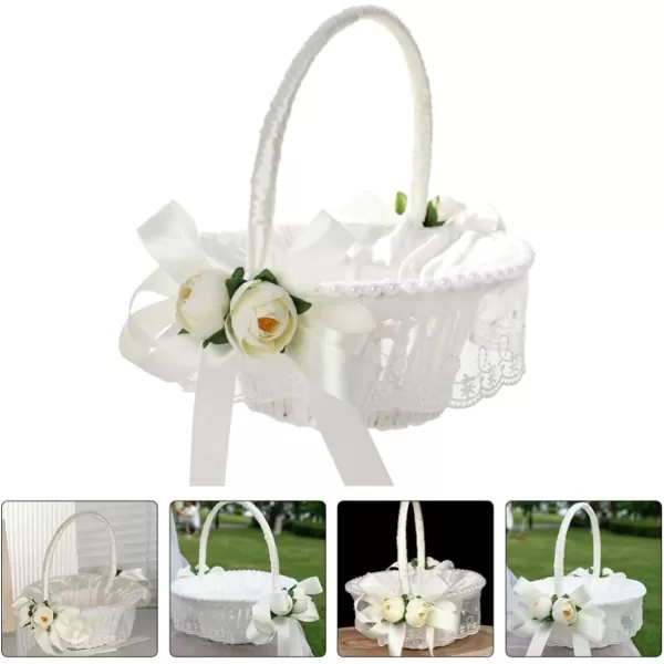 imageToyvian Wedding Ribbon Basket Flower Girl Basket Pearl Lace Flower Basket Romantic Large Wedding Basket with Satin Flowers and Bow for Flower Girls Wedding CeremonyWhite