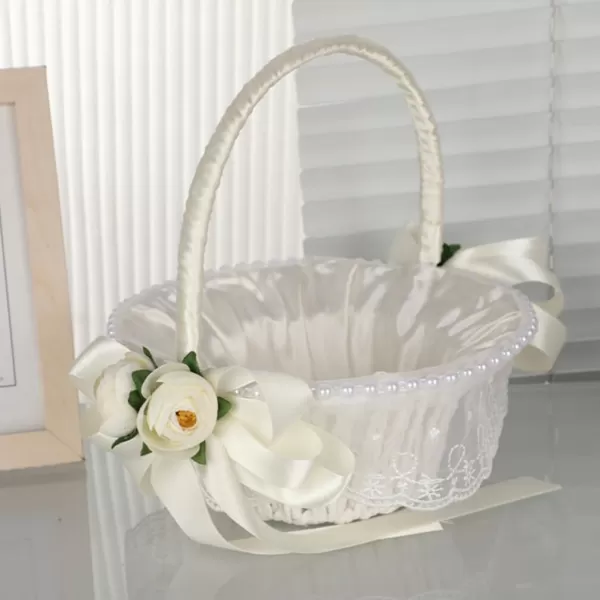 imageToyvian Wedding Ribbon Basket Flower Girl Basket Pearl Lace Flower Basket Romantic Large Wedding Basket with Satin Flowers and Bow for Flower Girls Wedding CeremonyWhite