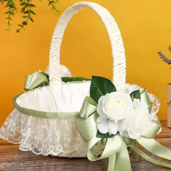 imageToyvian Wedding Ribbon Basket Flower Girl Basket Pearl Lace Flower Basket Romantic Large Wedding Basket with Satin Flowers and Bow for Flower Girls Wedding CeremonyLight Green