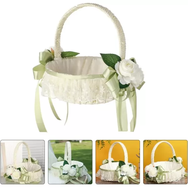 imageToyvian Wedding Ribbon Basket Flower Girl Basket Pearl Lace Flower Basket Romantic Large Wedding Basket with Satin Flowers and Bow for Flower Girls Wedding CeremonyLight Green