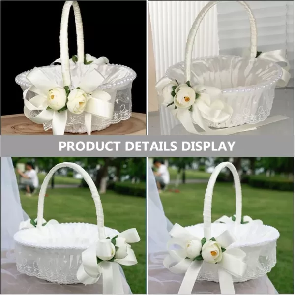 imageToyvian Wedding Ribbon Basket Flower Girl Basket Pearl Lace Flower Basket Romantic Large Wedding Basket with Satin Flowers and Bow for Flower Girls Wedding CeremonyWhite