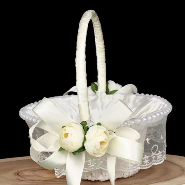 imageToyvian Wedding Ribbon Basket Flower Girl Basket Pearl Lace Flower Basket Romantic Large Wedding Basket with Satin Flowers and Bow for Flower Girls Wedding CeremonyWhite