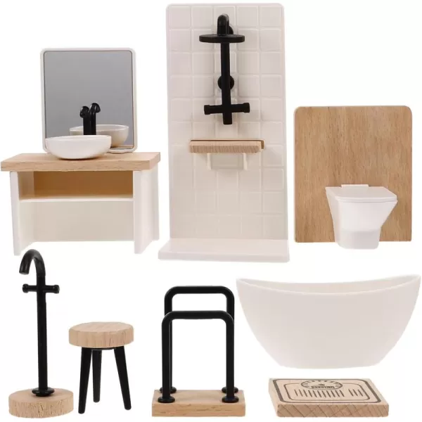 imageToyvian 8pcs Dollhouse Bathroom Set 1 12 Scale Dollhouse Toilet Bathtub Basin Wooden Bathroom Cabinet with Sink Miniature Furniture for Doll Bathroom Accessories