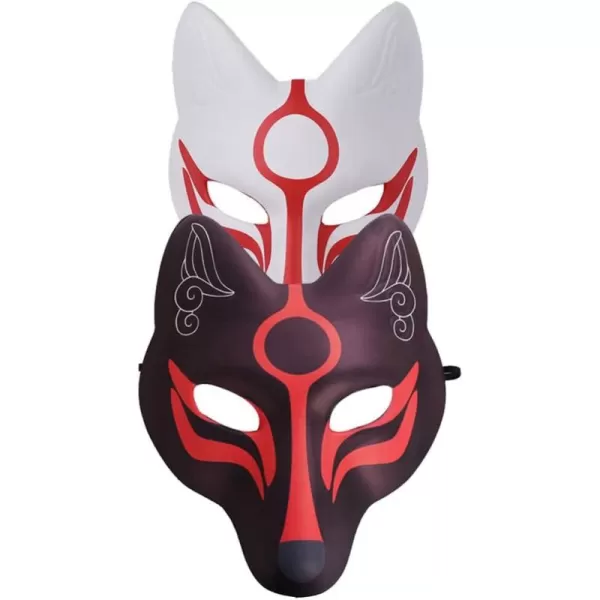 imageToyvian Kitsune Fox Mask 2pcs Cat Mask Fox Face Cover Japanese Kabuki Mask Cosplay Full Face Mask Stage Performance Props Costume Masks Cosplay Party Accessories Decor 26X23CM White